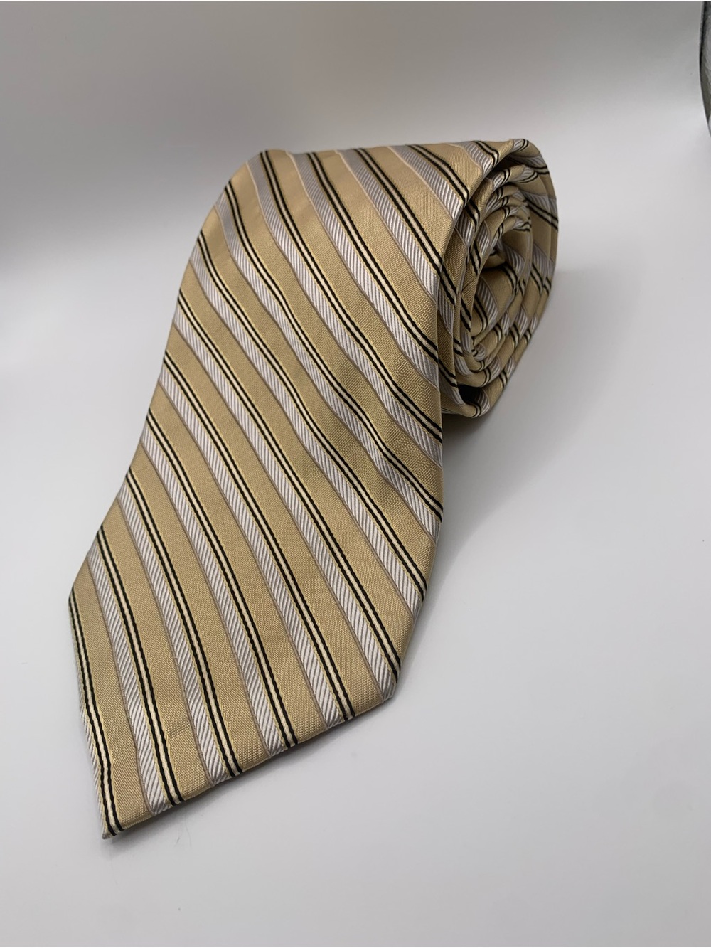 Calvin Klein Beige, Ivory and Black Striped Silk Tie